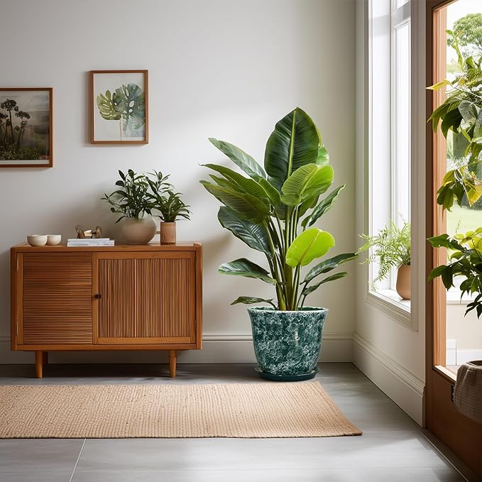 Ceramic Plant Pots - 10 Inch Plant Pot for Indoor Outdoor, Round Planter with Drainage Hole and Tray, Decorative Flower Pots, Modern Planters, Home Patio Garden Decor, Garden Gifts, Green