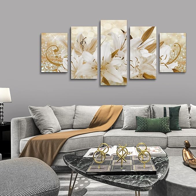 LUDUHU Golden Orchid Flowers Canvas Print - Abstract Floral Wall Art Painting Decor for Home Decoration Artwork Picture Bedroom (E,Oversize 80x40inch)