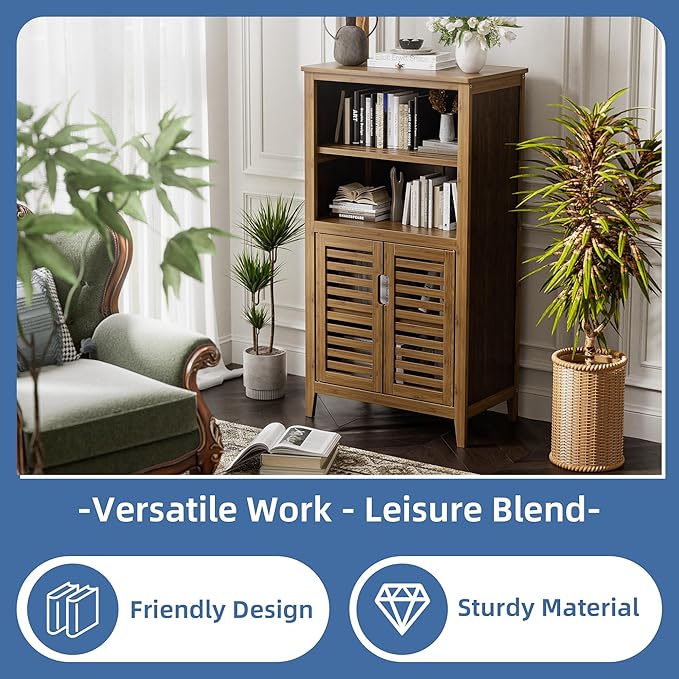 HITNET Walnut Bathroom Floor Cabinet, Bamboo Side Tall Storage Organizer, Freestanding Kitchen Cupboard with Door and Removable Shelf