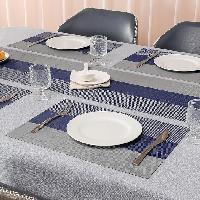 Placemats Set of 8, Vinyl Woven Place Mats Indoor Set of 8 Washable Wipeable PVC Table Mats Heat-Resistant Non Slip Plastic Placemat for Kitchen Dining Outdoor Table (Blue Gray, Set of 8)