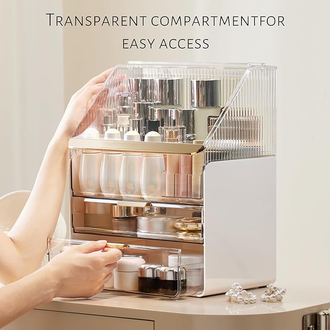 JOYMOOP Makeup Organizer with Transparent Cover, Skincare, Lipstick and Perfume Storage, Cosmetic Organizer, Makeup Box for Bathroom Countertop or Vanity Desk, White & Gold