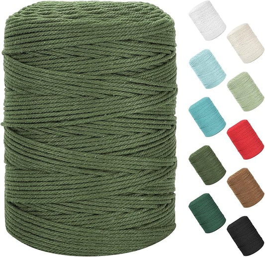 Natural Cotton Macrame Rope - 3mm x 380Yards (1140Feet), Army Green - 4 Strands Twisted Macrame Cord for Wall Hanging, Plant Hangers, Crafts, Gift Wrapping and Wedding Decorations