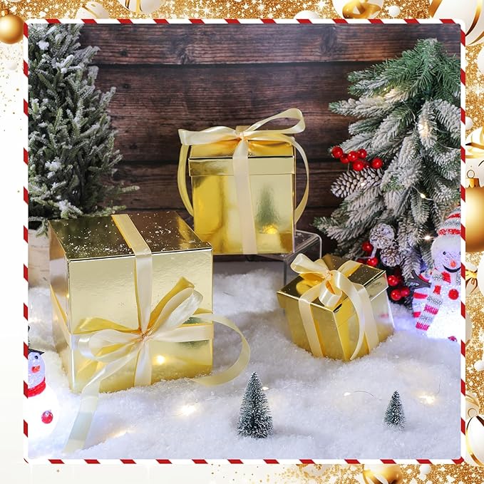 Cholemy 5 Pcs Square Nesting Boxes Decorative Gift Boxes with Lid and Ribbon Assorted Sizes Wrap for Wedding, Thanksgiving, Christmas, Anniversary, Birthday, Bridal Party(Shiny Gold)