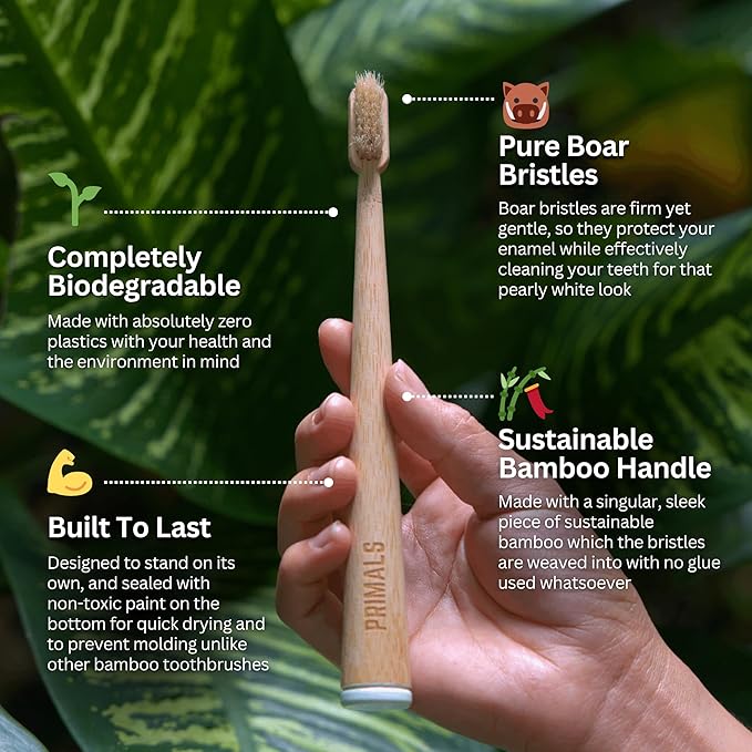 PRIMALS Boar Bristle & Bamboo Toothbrush (4-Pack) - Premium Boar Bristles - Fully Biodegradable - Plastic & Nylon Free - Quick Dry Design