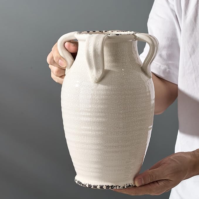 White Ceramic Vase with 4 Handles, 10.16" Tall Retro Ice Cracked Flower Vase, Antique Vases for Modern Farmhouse Home Decor, Wedding, Living Room, Table, Shelf Decor, Cracked White