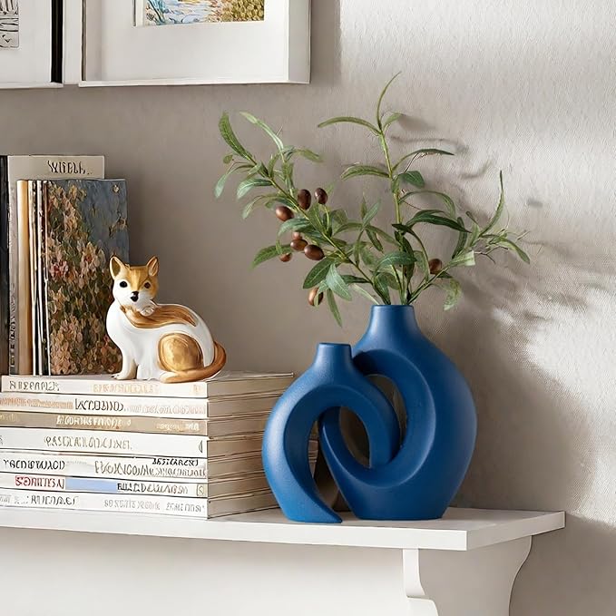 Snuggle Hollow Ceramic Vase Set of 2, 8.4 Inch Hug Donut Modern Nordic Boho Style Vases for Home Decor Anthropologie Aesthetic Living Room Shelf Coffee Table Decorative (Navy Blue)