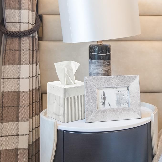 White Tissue Box Cover Square Resin Tissue Holder for Home Decor, Hand Poured Marble Ribbed Cube Tissue Box Holder – 5.5 Inch Heavy Duty Luxury Tissue Box Case for Bathroom, Living Room, Office