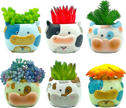 Cow Succulent Pots | Cow Planter Pots Set with Drainage | Ceramic Animal for Cacti Plant | Cute Decorative Holder for Home, Office, Windowsill | 2.7 Inch Set of 6
