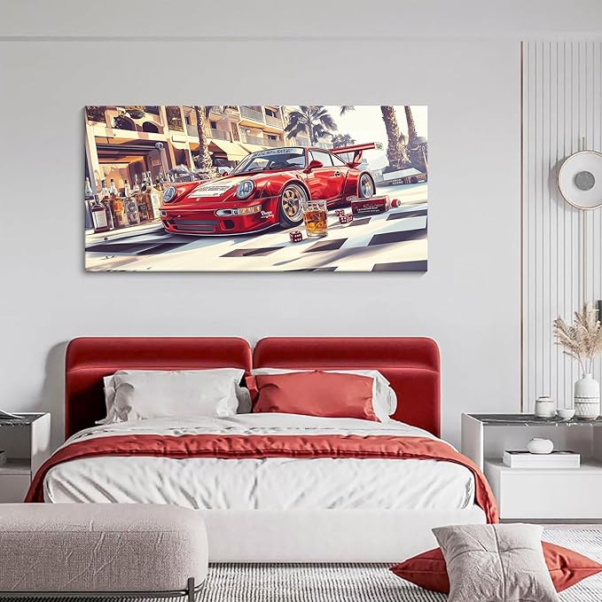 JEAWA Modern Canvas Wall Art - Large Canvas Wall Decor for Bedroom Living Room Home Office 24 x 48 IN, Funny Wall Art for Home Decoration, Red Car Pictures for Wall Decor