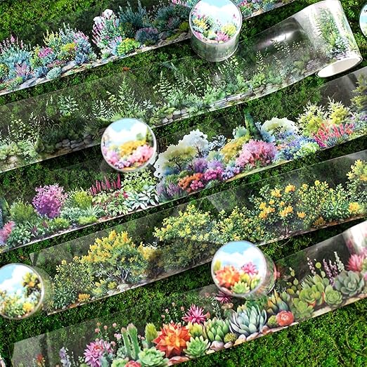 6 Rolls Colorful Floral Washi Tape Set Spring Plant Landscape Scrapbook Tape Vintage Flower Stickers for Journaling Supplies Transparent PET Washi Tapes Junk Journal Scrapbooking Craft Decorative Tape