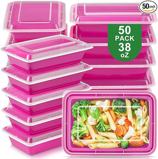 50 Pack Meal Prep Containers with Lids 38oz - BPA-Free, Reusable, Leakproof Food Storage Containers - Microwave/Dishwasher/Freezer Safe, To Go Take Out Plastic Food Storage Pans(Red)