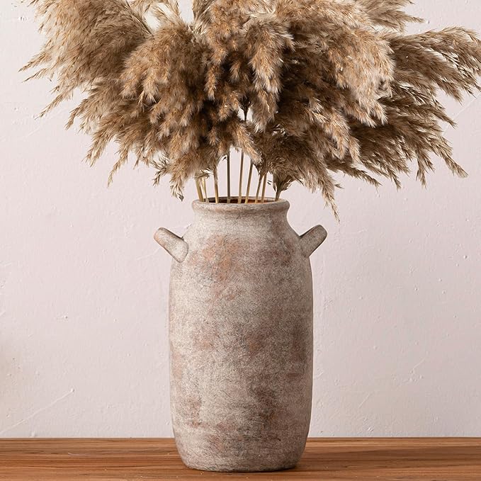Large Flower Vase Home Decor - 12 inch Tall Ceramic Farmhouse Rustic Table Vases with Handle Living Room Decoration Decorative Modern Pottery for Floor Kitchen Shelf Coffee Dining Desk Fireplace