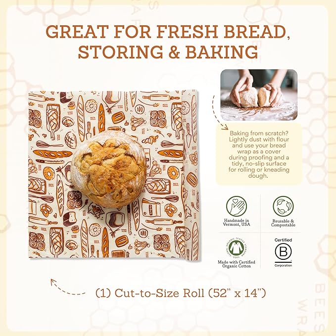 Bee's Wrap Beeswax Wraps for Food - Cut to Size 14x52" Wax Paper Roll - Made in USA Reusable Waxed Paper & Bowl Covers - Organic & Eco-Friendly Alternative to Aluminum Foil & Plastic Wrap, Bakery Lane