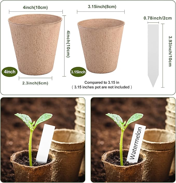 4 Inch Peat Pots, 50PCS Biodegradable Plant Starting Pots Round Nursery Pot, Garden Germination Nursery Pot Bonus 20 Plant Labels (4 Inch, 50P)