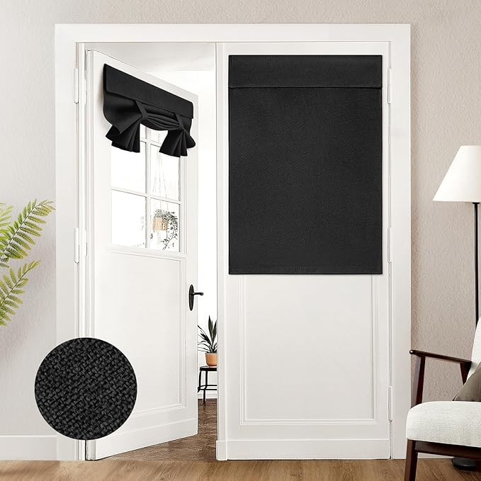 HOMEIDEAS 100% Black Linen Blackout French Door Curtains, Privacy Door Window Curtains, 34 X 40 Inch Room Darkening Blinds, Thermal Insulated Shades for Bedroom, 1 Panel