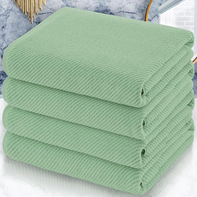 VOOVA & MOVAS Green Bath Towels (4PC, 30"x56") - 100% Cotton | Quick Dry | Light Weight | Thick | Soft | Absorbent - Luxury Shower Towel for Bathroom, Bath Towels Gift Set, Sage Green