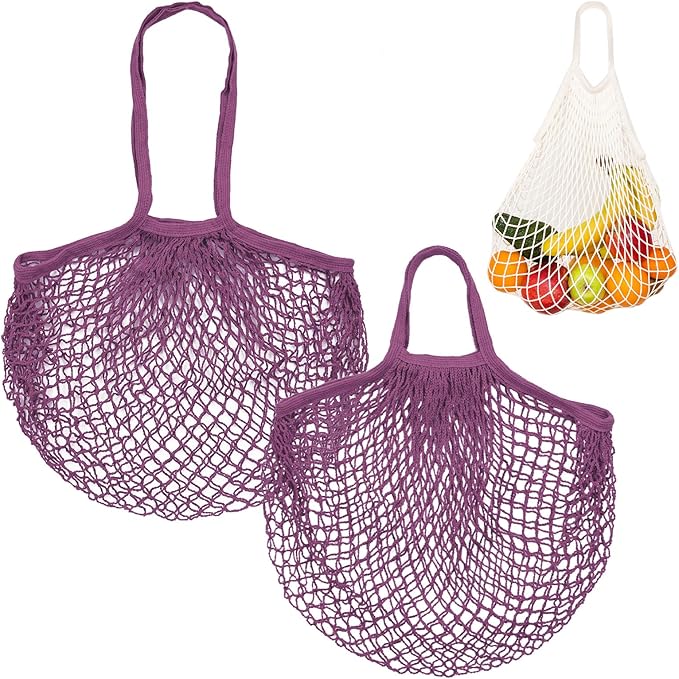 2-Pack Cotton Mesh Bag, Reusable Washable Mesh Net String Grocery Bags, Reusable Produce Bags with Handle, Net Tote Bag for Fruits Shopping [Purple-Pink, Long&Short Handle]