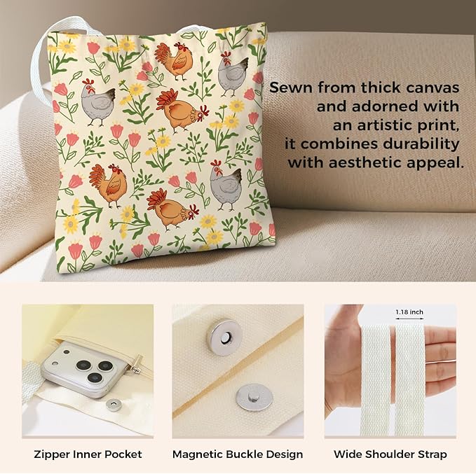 Cute Aesthetic Canvas Tote Bag for Women, Reusable Foldable Shopping Cotton Shoulder Totebag with Zipper Pocket