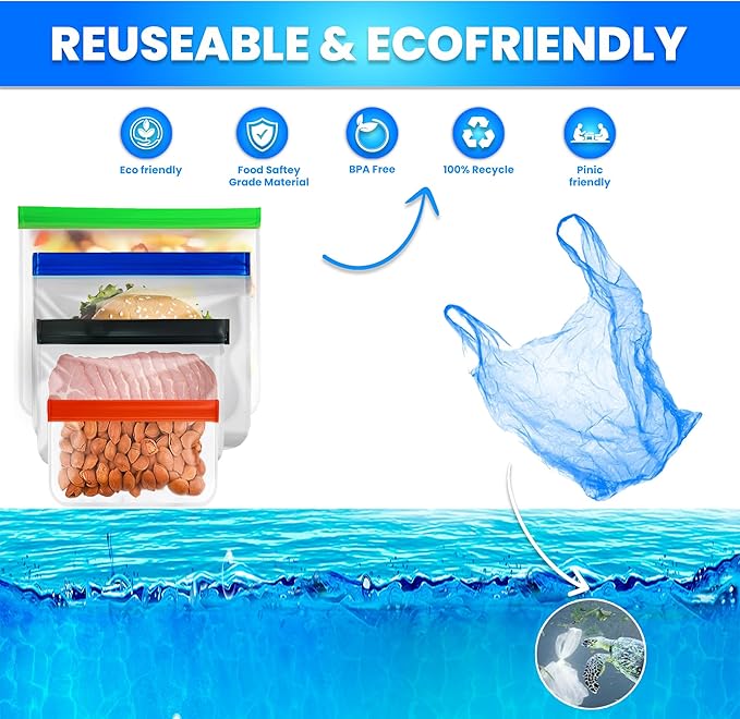 6-Pack Reusable Gallon Freezer Bags – Extra-Thick & Leakproof | BPA-Free, Eco-Friendly, Silicone & Plastic-Free | Stand-Up Design | Perfect for Meal Prep, Marinating, Storing Meat, Vegetables & More