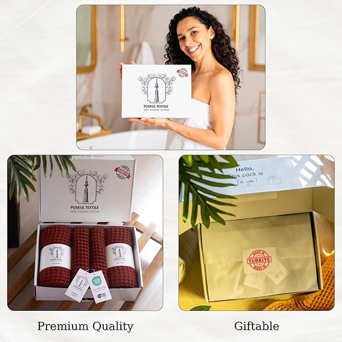 PÜSKÜL - Premium Waffle Towel Set 4 Pieces Brick Red - Organic 100% Turkish Cotton Quick-Dry Towels for Bathroom Made in Turkiye (Brick, Towel Set - 2 Hand & 2 Bath Towels)
