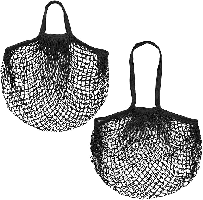 2-Pack Cotton Mesh Bag, Reusable Washable Mesh Net String Grocery Bags, Reusable Produce Bags with Handle, Net Tote Bag for Fruits/Vegetables Shopping [Black, Long&Short Handle]