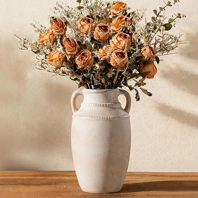 Beige Ceramic Vase with Handles, 10.5 Inch Boho Modern Aesthetic Textured Table Vases for Anthropologie Home Decor Centerpieces (Cream Beige White)