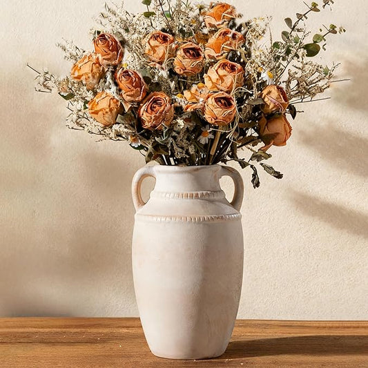 Beige Ceramic Vase with Handles, 10.5 Inch Boho Modern Aesthetic Textured Table Vases for Anthropologie Home Decor Centerpieces (Cream Beige White)