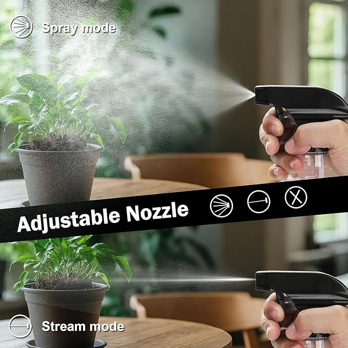 Spray Bottles Plastic Spray Bottle for Hair Mist/Stream Heavy Duty Empty Spray Bottles for Cleaning Solutions, Plants, Cooking (12oz-Blackclear+nozzle)