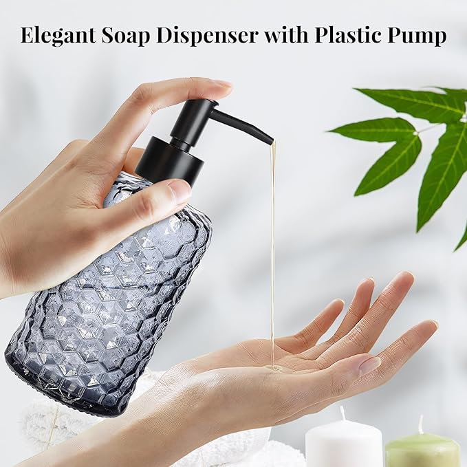 Clear Charcoal Blue Glass Soap Dispenser with Pump, 16oz Honeycombed Design Hand Soap Dispenser, Refillable Lotion & Dish for Dishwashing Liquid, Lotion