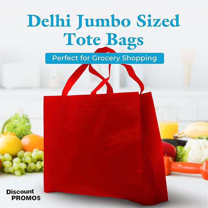 DISCOUNT PROMOS Jumbo Sized Tote Bags Set of 10, Bulk Pack - Reusable Grocery Bags, Shopping Bags, Promotional Item Totes for Women - Red