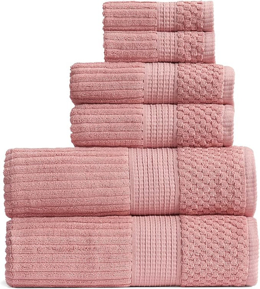 Springtree Home 100% Cotton Bath Towel Set | 6 Piece Set | Absorbent & Quick-Dry Bath Towels | Textured and Durable Cotton | Krista Collection - Bridal Rose