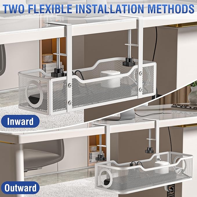 Under Desk Cable Management Tray - GZOKMOG No Drill Cord Organizer with Clamp, Workspace Organizers for Cords, Metal Mesh Wire Management for Home and Office, 2 Pack White, 13.38 inch