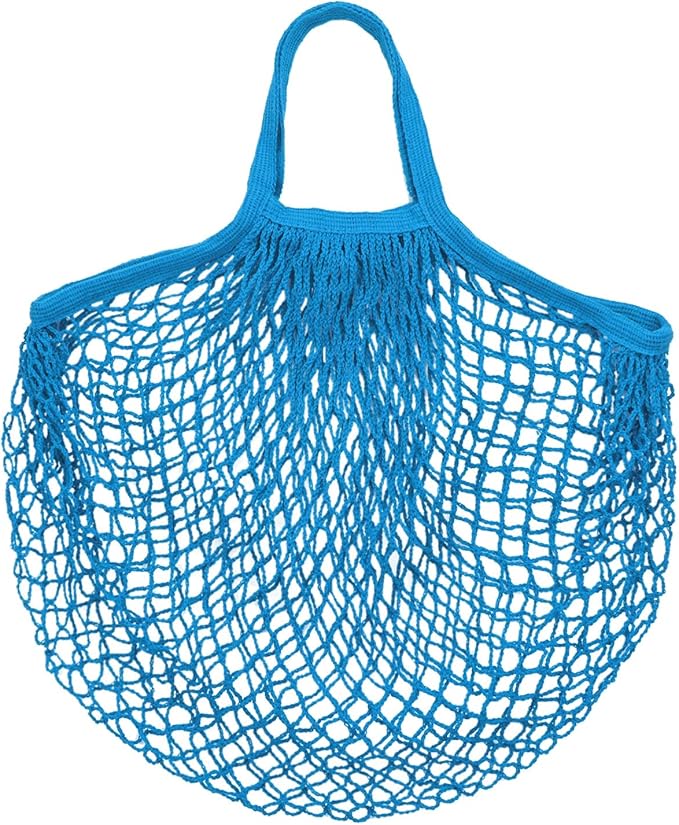 1-Pack Cotton Mesh Bag, Reusable Washable Mesh Net String Grocery Bags, Reusable Produce Bags with Handle, Net Tote Bag for Fruits/Vegetables Shopping [Blue, Short Handle]