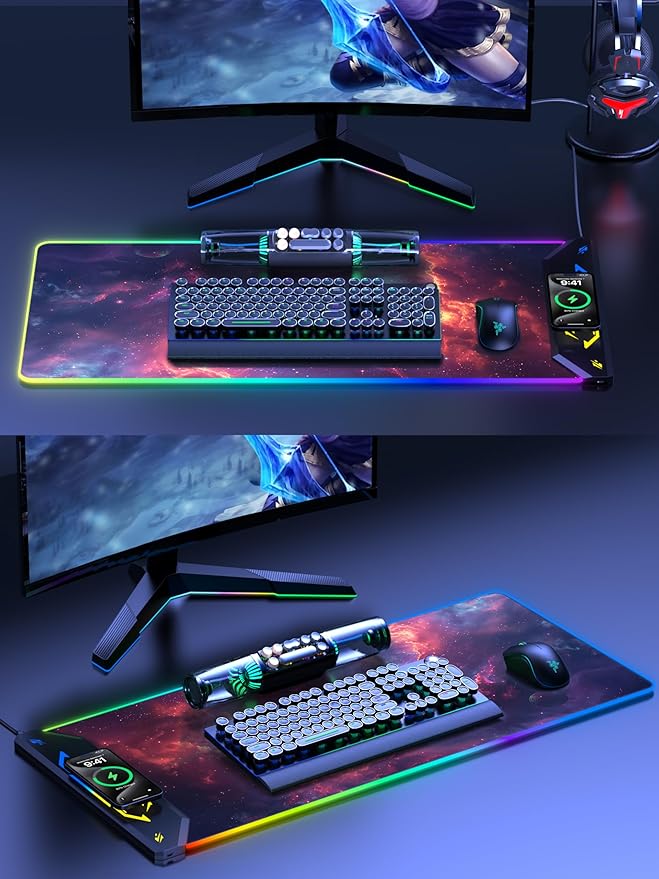 TopMade Wireless Charging Mouse Pad, RGB Gaming Mousepad, 35.4" x 15.8" Extra Large Waterproof Keyboard Desk Pad, Computer Desk Mat, Red Nebula (Includes 20W PD Power Adapter & 6.56ft Woven Cable)