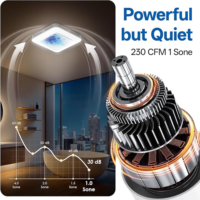 Bathroom Exhaust Fan with Light Humidity Sensor, Bathroom Fan with Odor & Humidity Sensor, 230 CFM 1.0 Sone Venlitation Fan with 3CCT LED Light 7 LED Color, Remote Control Easy Install