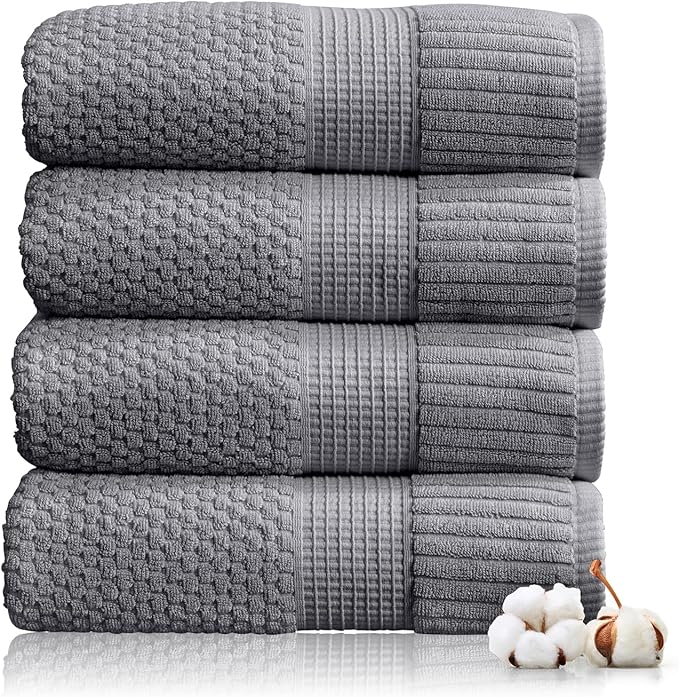 NY Loft 100% Cotton Bath Towel 4 Pack | Super Soft & Absorbent Quick-Dry Bath Towels 30" x 52" | Textured and Durable Cotton | Trinity Collection (4 Pack Bath Towel, Charcoal Grey)