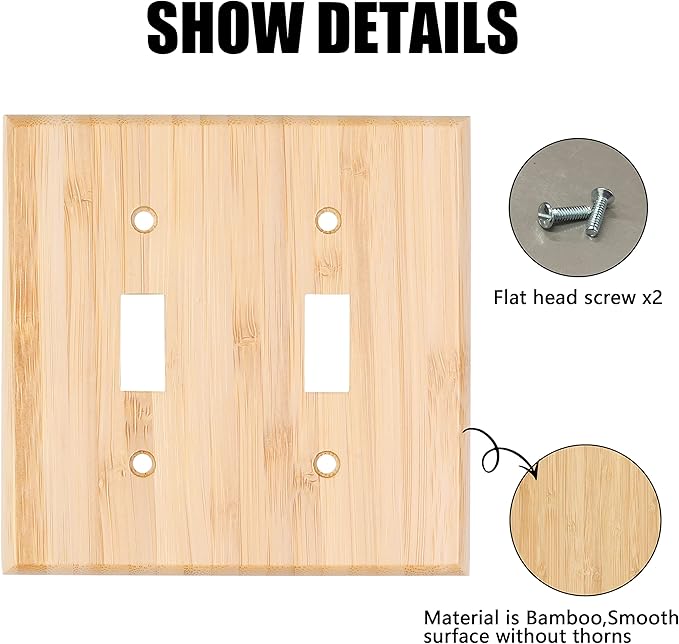 Raw Wood Light Switch Cover Decorative Duplex Toggle 4.5" x 4.5" Bamboo Wall Plate Quality Light Switch Plate Cover for Bedroom Kitchen Home Decor (Double Toggle)