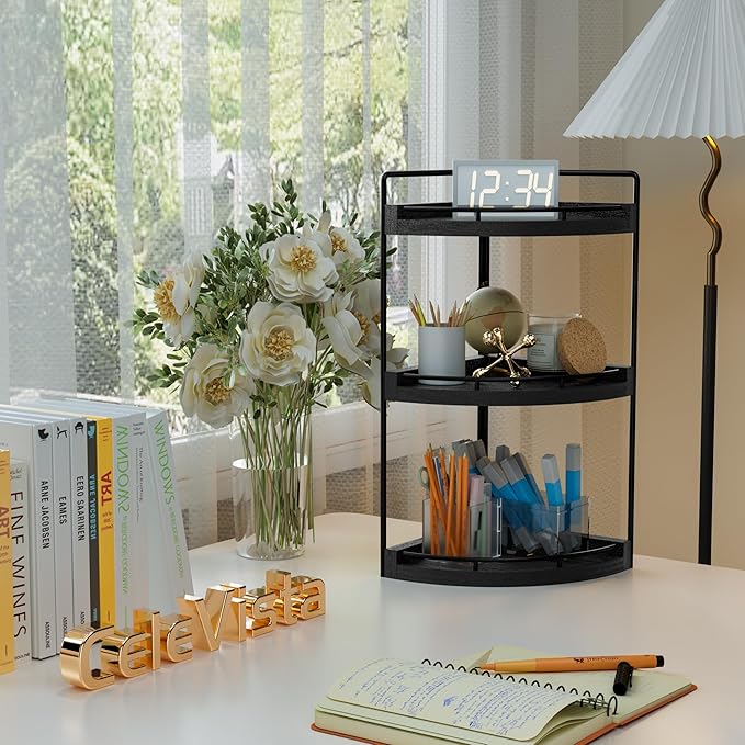 Corner Bathroom Counter Organizer, 3 Tier Bathroom Sink Shelf Countertop, Wood Vanity Skincare Storage for Toiletries Decor, Makeup, Dresser(Black)