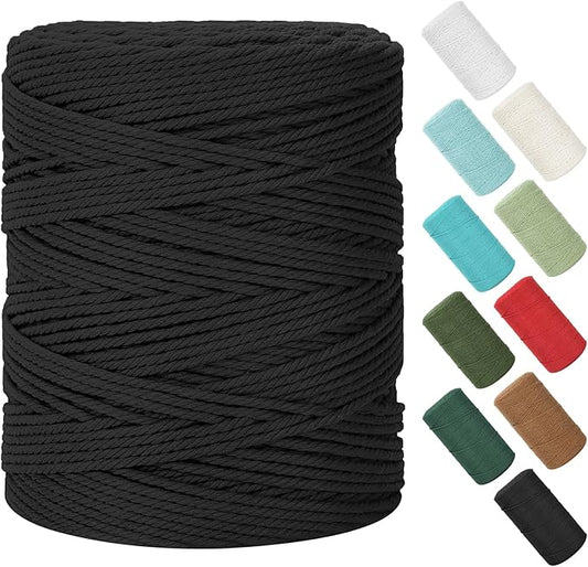 Macrame Cord 4mm x 380Yards (1140Feet), Natural Cotton Macrame Rope - 4 Strands Twisted Macrame Cotton Cord for Wall Hanging, Plant Hangers, Crafts, Gift Wrapping and Wedding Decorations, Black