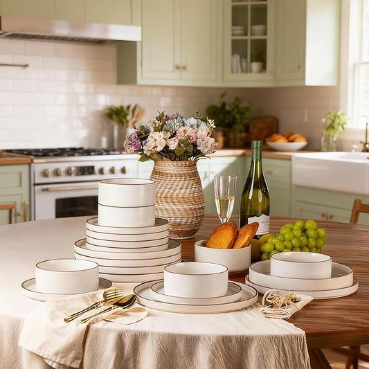 LERATIO Ceramic Dinnerware Sets for 6, High Edge Stoneware Plates and Bowls Set, Chip and Crack Resistant | Oven & Dishwasher & Microwave Safe Dishes Set, Service for 6 -Vanilla White