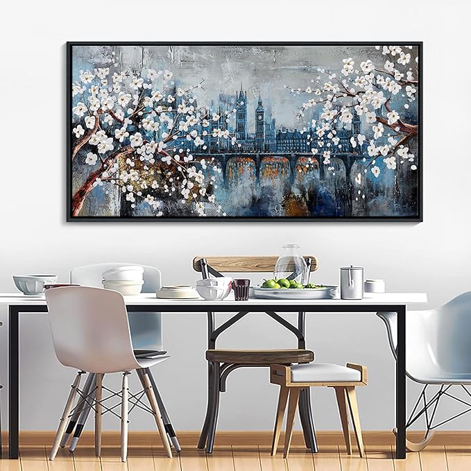 KLAKLA City Scenes Landscape Plum Blossom Picture Artwork for wall - Black Frame Large Wall Art for Living Room Abstract Wall Decor Bedroom Office Modern Home Decoration