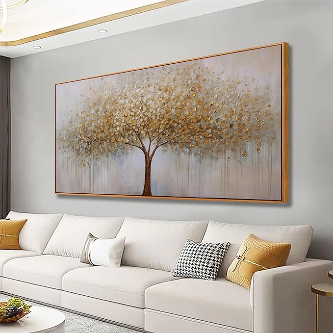Wall Art Gold Abstract Tree of Life Framed Modern Artwork Canvas Painting Textured Tree Pictures Wall Decor Home Decor Wall Ready to Hang for Bedroom Living Room Size 30"x60"