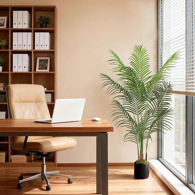 5FT Artificial Palm Tree, Tall Fake Tropical Areca Plant with Black Round Planter for Indoor Outdoor Home Decor, Realistic Faux Palm Tree for Living Room, Office, Porch, Garden