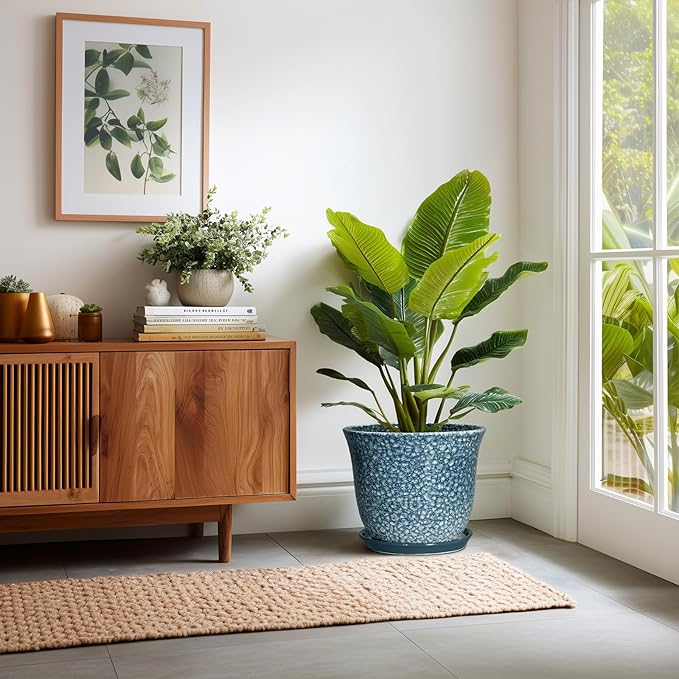 Ceramic Plant Pots - 12 Inch Pots for Plants Indoor Outdoor, Large Round Planter with Drainage Hole and Saucer, Modern Decorative Planters, Garden House Decor, House Warming Gifts, Blue