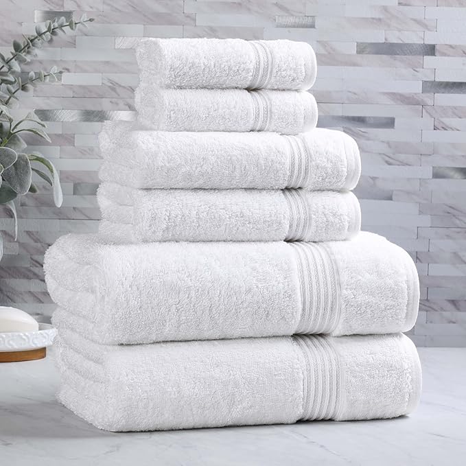 Superior Egyptian Cotton 6-Piece Towel Set, Bathroom Essentials, Towels For Bathroom, Apartment, Airbnb, Guest Bath, Face, Hand, Bath Towels, Washcloths, Absorbent, Fast Drying, White