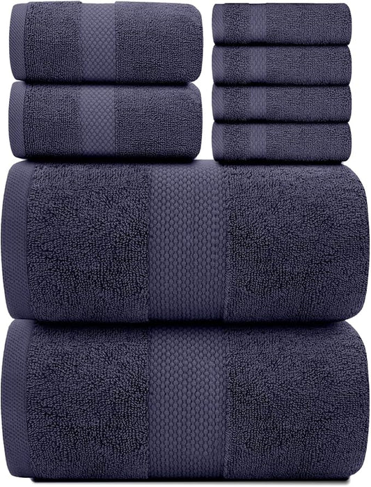 White Classic Luxury Bath Towel Set of 8 Pieces - 100% Turkish Cotton Highly Absorbent Towels for Bathroom, 2 Luxury Bath Towels 700GSM, 2 Hand Towels, 4 Washcloths, Navy