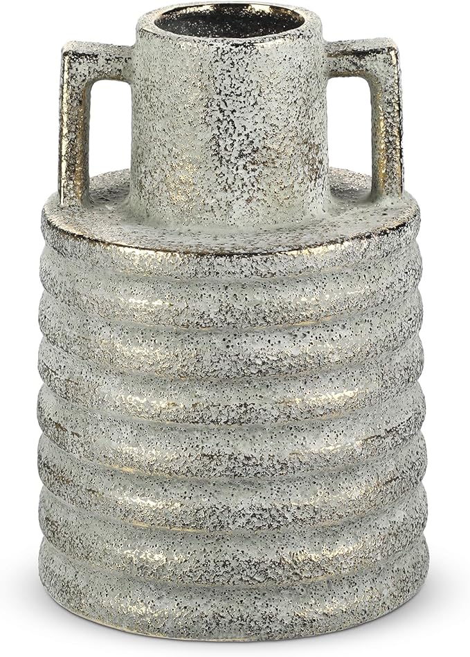 Hollyone Large Vintage Ceramic Vase with 2 Handles, 9.1" Tall Gold-Toned Antique Rustic Decorative Floral Grey Vases for Flowers Home Table Centerpiece Shelf Living Room Entryway Farmhouse Decor