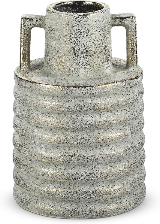 Hollyone Large Vintage Ceramic Vase with 2 Handles, 9.1" Tall Gold-Toned Antique Rustic Decorative Floral Grey Vases for Flowers Home Table Centerpiece Shelf Living Room Entryway Farmhouse Decor