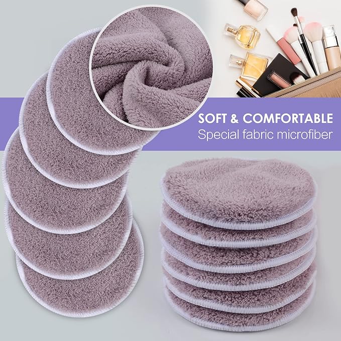 SUNLAND Reusable Makeup Remover Pads for Face,Eye,Lips 16 Pack Microfiber Face Cleansing Gloves Washable with Laundry Bag and Travel Bag Rounds Toner Pads (Round 3.15inchx16, dpurple)