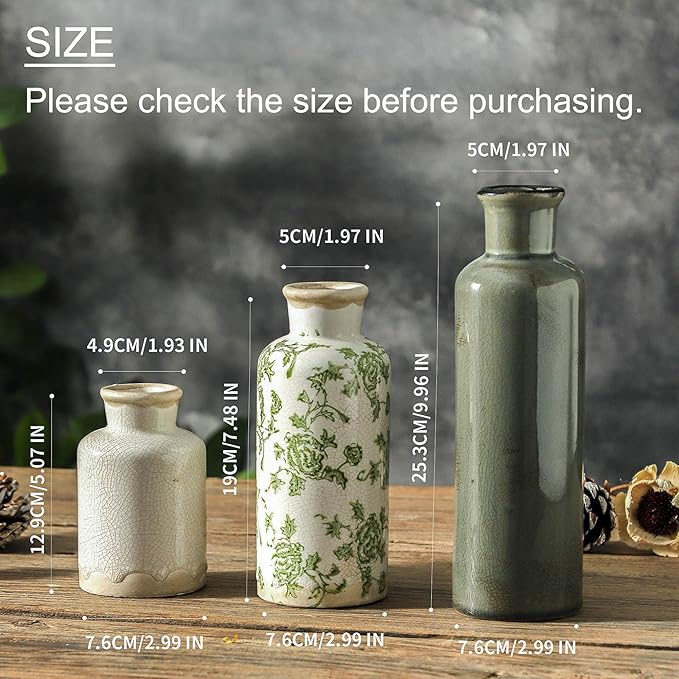 Vintage Vase Set of 3, Ceramic Vintage Flower Vases, Chinoiserie Decorative Home Decor Retro Floral Vase Rustic Farmhouse Decor for Table Bookshelf Mantel Kitchen Living Room Office - Green and Beige
